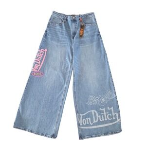 Von Dutch Womens Jeans 29x32 Baggy Extra Wide Leg High Rise Patch Y2K Streetwear